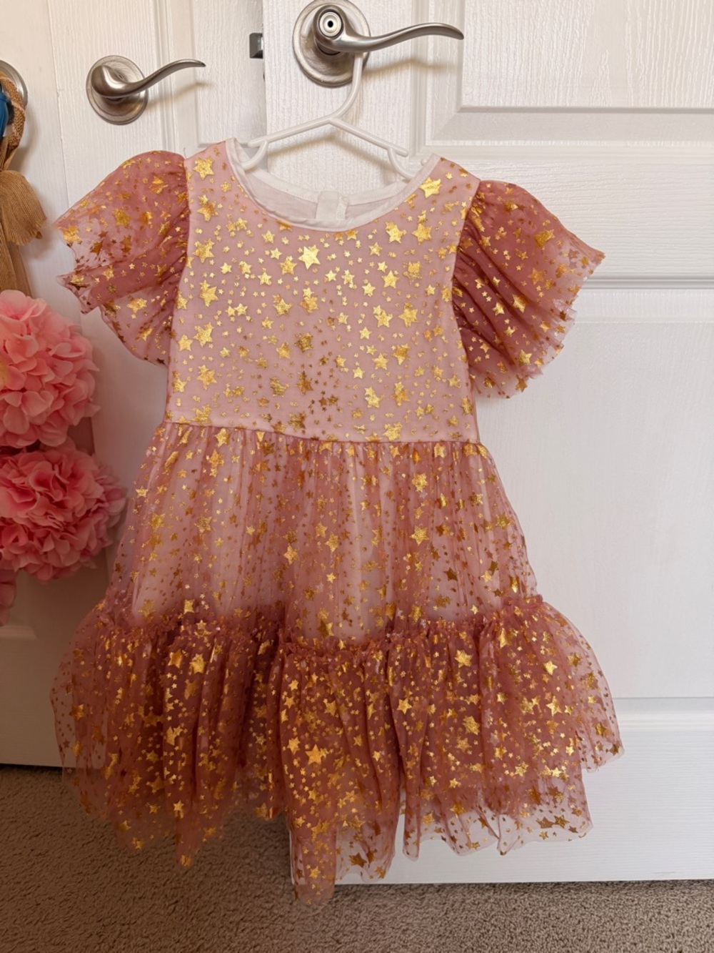 Lola + the Boys- Rose Pink Tulle Star Party Dress with Gold Stars